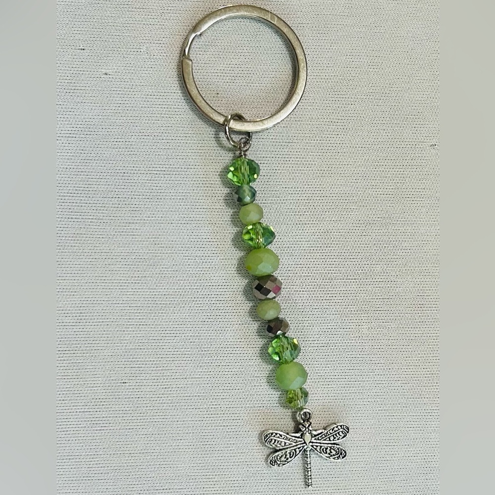 Dragonfly Keychain with Green Glass Faceted Beads - Handmade - New